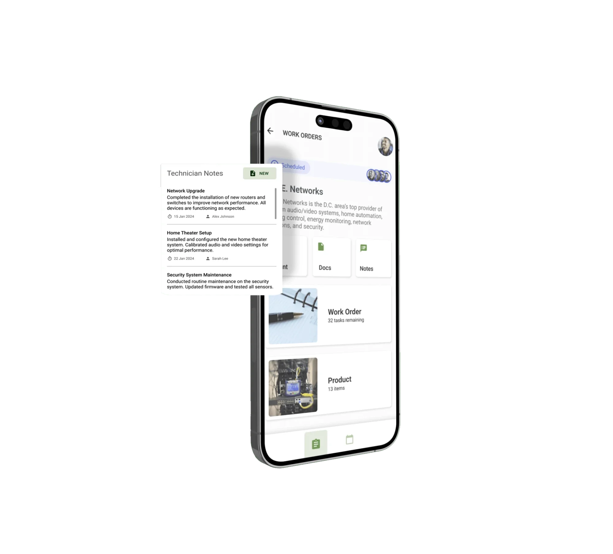 ABE Networks mobile app showing a work order with technician notes