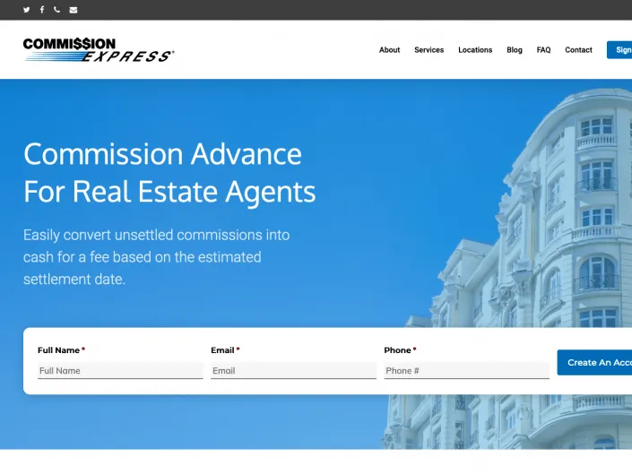 Commission Express homepage after the redesign, headlined Commission Advance For Real Estate Agents with a Create An Account form