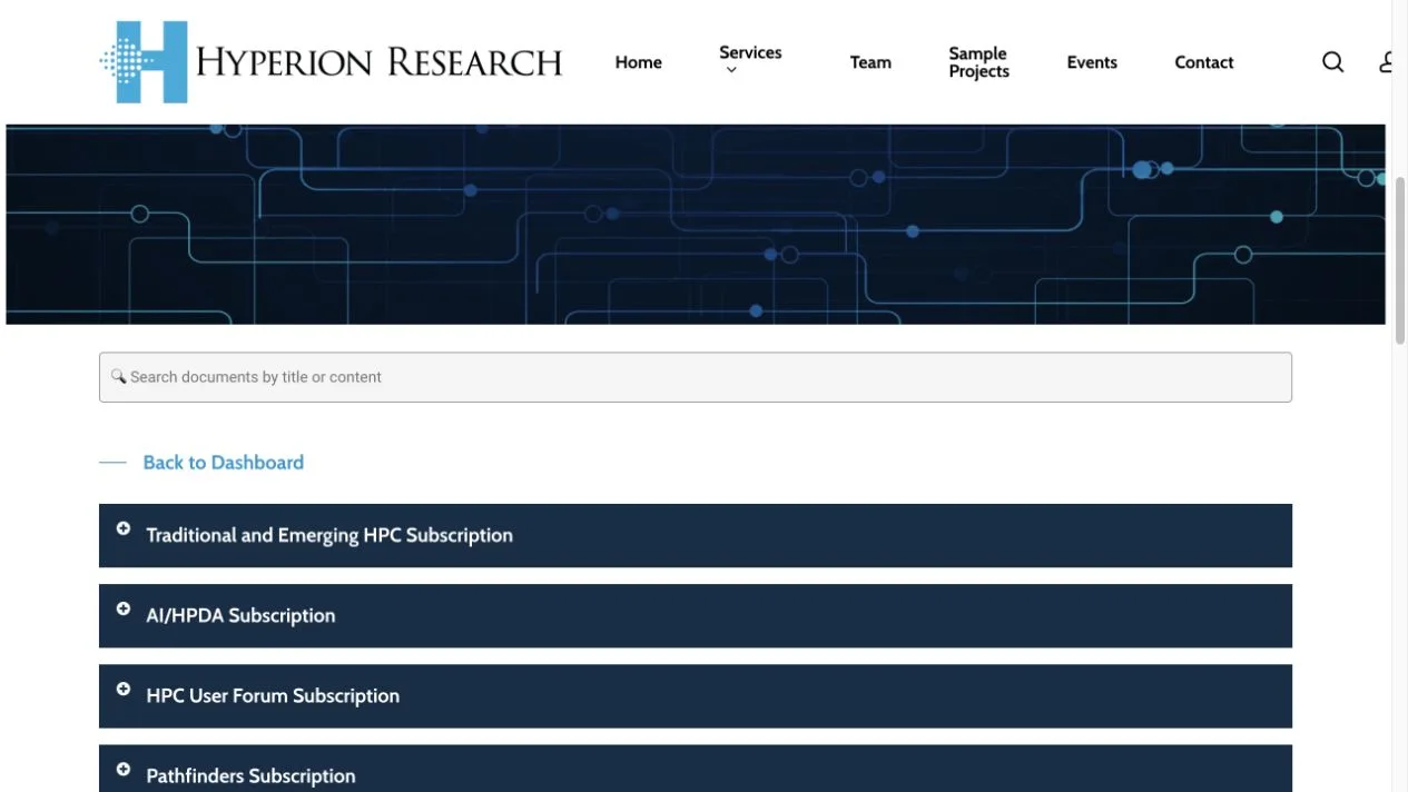 Hyperion Research subscriber library with document search and research categories